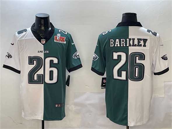 Men's Philadelphia Eagles #26 Saquon Barkley White & Green Split 2025 Super Bowl LIX Patch Vapor Untouchable Limited Stitched Jersey Dzhi,We sell and wholesale Men's Philadelphia Eagles #26 Saquon Barkley White & Green Split 2025 Super Bowl LIX Patch Vapor Untouchable Limited Stitched Jersey Dzhi on line form chian!